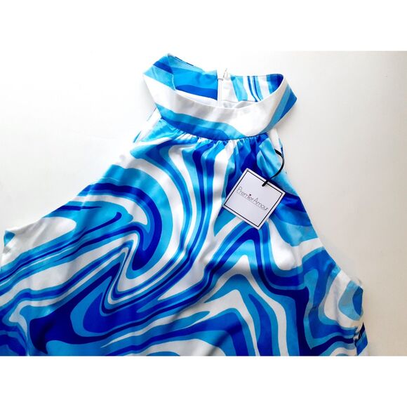 Premier Amour Blue White Prints Halter Fully Lined Cocktail Dress S10 NWT $79 - Picture 6 of 13